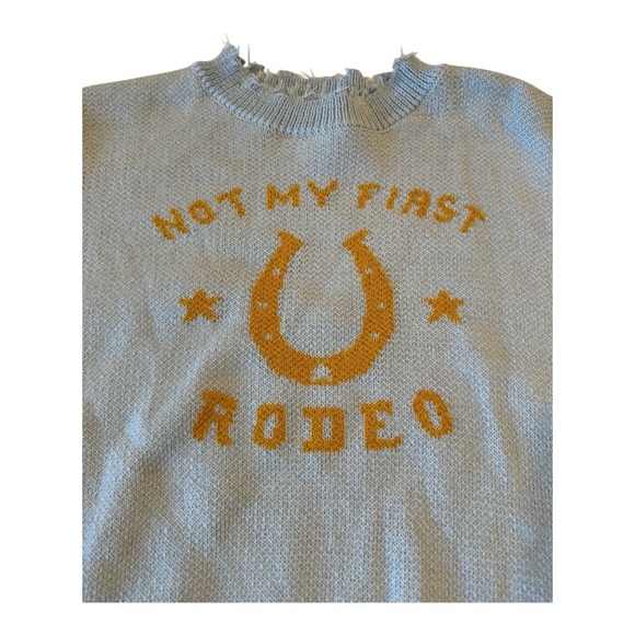 Miss Sparkling Not My First Rodeo Distressed  Sweater Blue Horseshoe Western - Picture 3 of 11